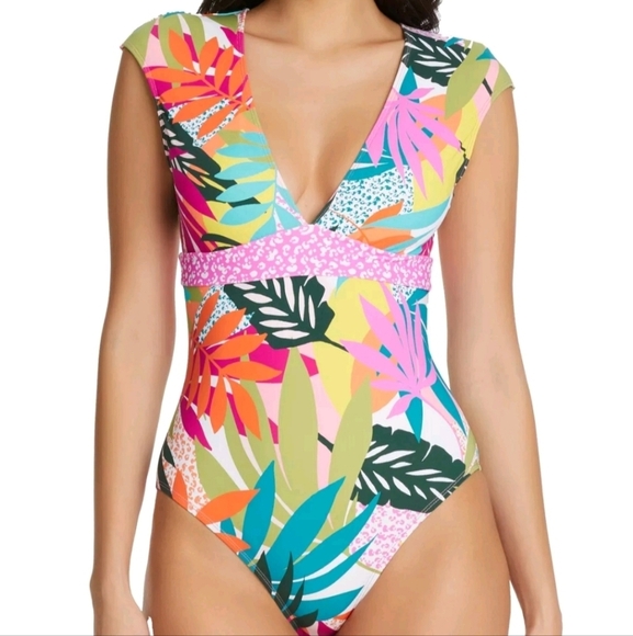 Bleu Rod Beattie Wild At Heart Tropical Print Cap Sleeve Mio 1 Pc. Sz 8 Swimsuit - Picture 1 of 11
